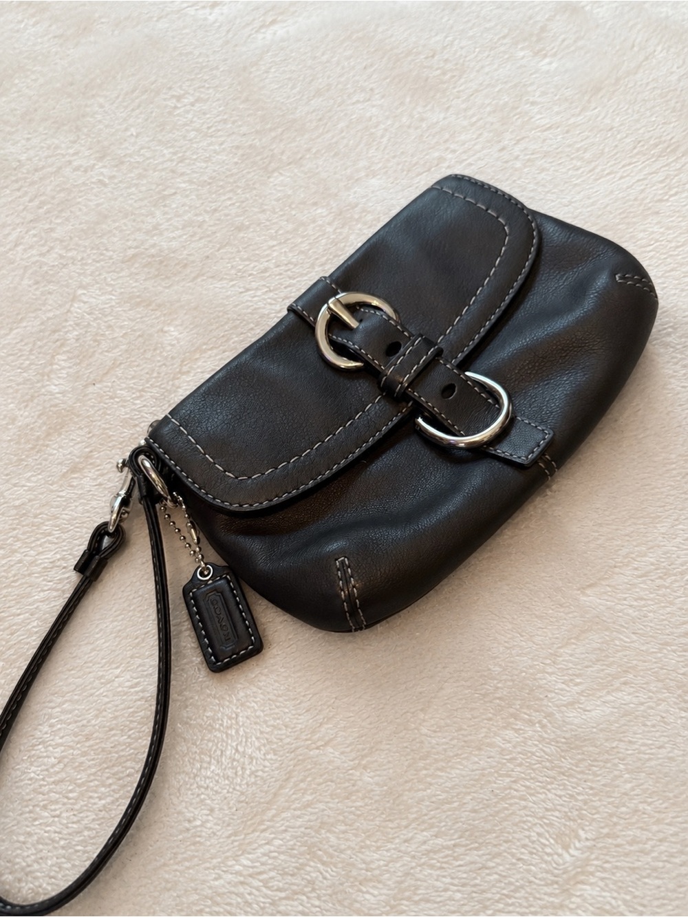 Coach Black Leather Wristlet Clutch with Silver Buckle